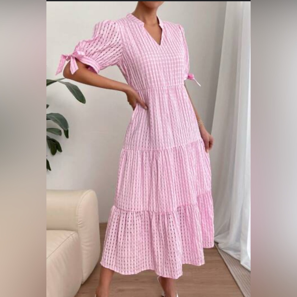 English Factory Pink and White Tiered Midi Sundress